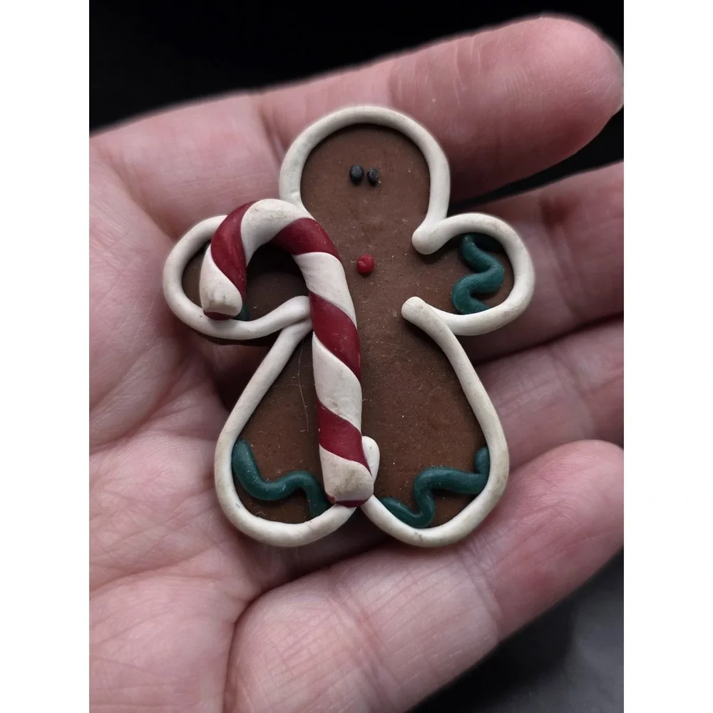 Polymer Clay Gingerbread Man W/ Candy Cane Brooch Pin